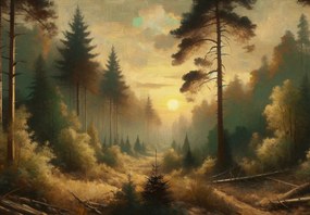 Fototapeta - Słońce świecące przez las (196x136 cm)