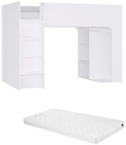 Łóżko antresola 90 x 190 cm ze skrzynią i - Biały - Z materacem - COLUMI