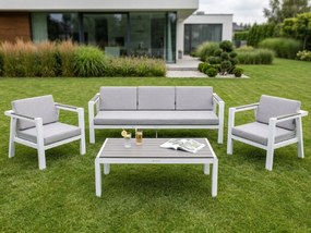 Zestaw mebli ogrodowych biały aluminium sofa fotele stolik drewniane detale