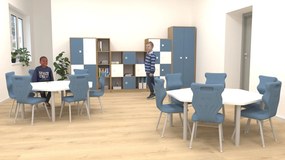 Nowoczesna meblościanka do klasy lekcyjnej Blox Colours 9, fronty pastelowe niebieskie