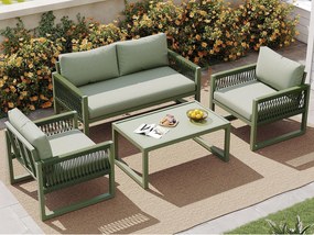 Zestaw mebli ogrodowych z ocynkowanej stali - 1 kanapa, 2 fotele i 1 stolik kawowy ze szkła - ozdobiony sznurkiem - 4 miejsca - Zielony Awokado