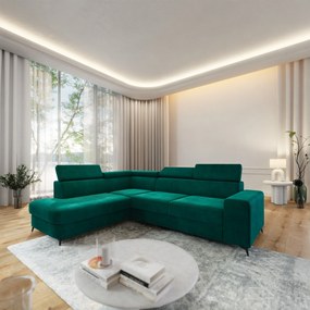 Masseno Narożnik ALVORO z funkcją spania i pojemnikiem na pościel Narozniki L, Rozkładana sofa - Zielony, MONOLITH 37