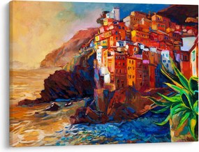 Obraz - Wieś na wybrzeżu Cinque Terre, Włoska Riviera, nowoczesny impresionism (70x50 cm)