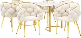 Zestaw stół jadalny + 6 krzeseł welurowych - 140 x 80 x 75 cm - MDF + nogi metalowe w kolorze złotym - biały + beżowy
