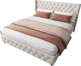 Łóżko dwuosobowe tapicerowane lnem - 140x190 cm - z stelażem na listwach - Beżowe