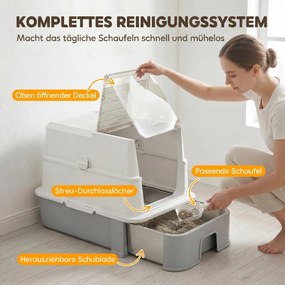 PawHut Kuweta ze stali nierdzewnej z pokrywą, XL kuweta na żwirek z łopatką, wysuwana misa, wysokie ścianki, łatwa do czyszczenia, szara | Aosom PL