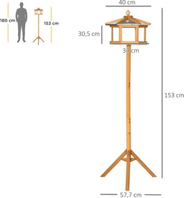 PawHut Domek dla ptaków ze stojakiem Drewniany karmnik z platformą skośny metalowy dach Ø57,7 x 153H cm Naturalne drewno | Aosom PL