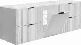 Szafka łazienkowa wisząca pod umywalkę z koszem na pranie, biały / blat marmur bianco, uchwyty czarne, 160 x 46 x 57 cm