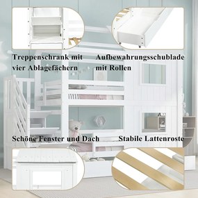 Łóżko piętrowe dla dzieci - 2 x 90 x 200 cm - ze schodkami do przechowywania + 2 szuflady + okna i dach - sosna + MDF + sklejka - białe