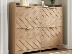Szafa na buty 105x24x90 cm - z 4 uchylnymi półkami - teksturowane panele 3D - górna półka - MDF - Naturalny