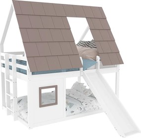 Łóżko piętrowe dla dzieci - 2 x 140 x 200 cm - z dachem + drabinka + zjeżdżalnia - MDF + sosna - białe i brązowe