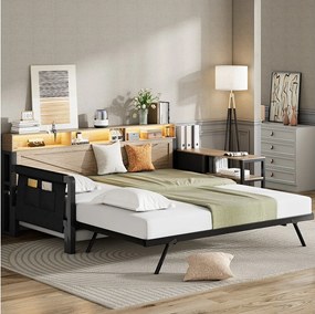 Metalowa sofa rozkładana z wysuwanym łóżkiem - 90 x 200 cm - z półką do przechowywania + 3 szuflady + diody LED + USB - MDF + metal - czarny