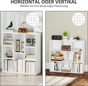 HOMCOM 3-poziomowa półka na książki, 8 przegródek, Płyta wiórowa, Regał na przechowywanie, Biały