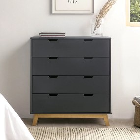 Komoda Colummn Miranda z 4 szufladami w kolorze antracytowym, nóżki z naturalnego drewna.