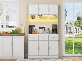 Kredens kuchenny z oświetleniem LED - 6 drzwi, 3 szuflady i 3 otwarte przegródki - Biały