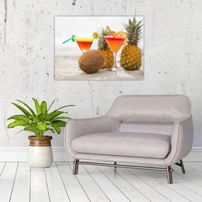 Obraz na szkle ananasów i szklanek na plaży (70x50 cm)