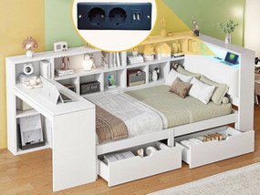 Łóżko dziecięce 90x200cm - z 2 szufladami i stacją ładowania - z kolorowymi światłami LED - białe (bez materaca)