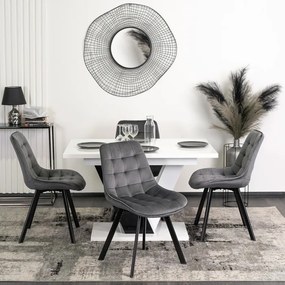 Zestaw Stół Prostokątny Rozkładany CLARK 120-160 cm Czarny/Biały Połysk i 4 Krzesła Tapicerowane do Salonu RICK Szare Welurowe