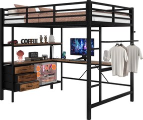 Łóżko górskie 140 x 200 cm – z oświetleniem LED i 3 szufladami – czarne – bez materaca