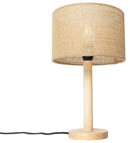 Rustykalna lampa stołowa drewniana z abażurem lnianym naturalnym 25 cm - Mels