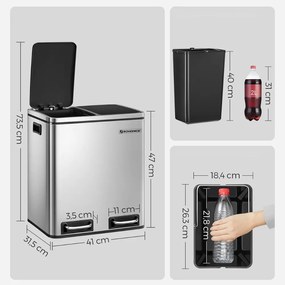 Kosz do segregacji odpadów SORT 30l (2×15l), srebrny/czarny SongmicsHome