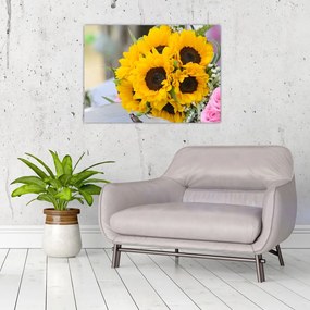 Obraz na szkle - bukiet ślubny ze słoneczników (70x50 cm)