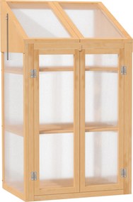 Outsunny Mini szklarnia, mała szklarnia z ramą drewnianą, oknami i podwójnymi drzwiami, 3 półki, 70Dł x 50Szer x 120Wys cm, Brązowa