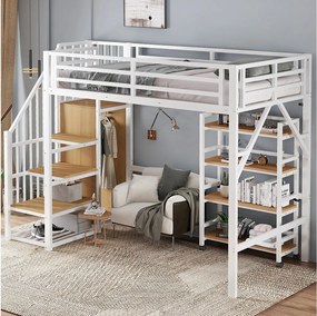 Łóżko z misą 90x200 cm - Łóżko młodzieżowe z szafą i półkami - białe i naturalne - bez materaca