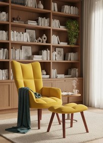 Musztardowy welurowy fotel wypoczynkowy z podnóżkiem M0-L04