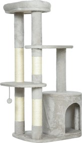PawHut Drapak 114 cm wieża dla kota z kryjówką, słupki sizalowe, platforma, wielopoziomowy dla średnich kotów do 6 kg, Jasnoszary