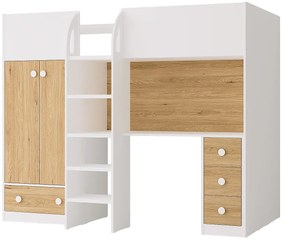 Łóżko antresola 90 x 190 cm z szafą i biurkiem - Biały i naturalny - CINAMO
