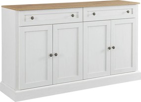 Biała komoda z 4 drzwiami i 2 szufladami, regulowane półki, blat imitujący drewno - do salonu lub kuchni