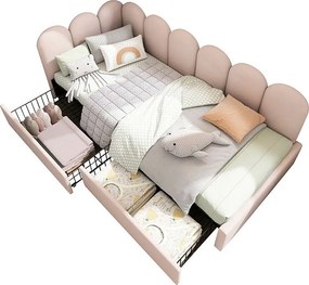 Łóżko z kanapą z 2 szufladami - tkanina welurowa - 90x190 cm - z stelażem na listwy - Różowe