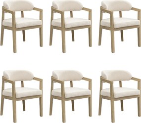 Zestaw 6 krzeseł z litego drewna - Wygięte oparcie - Z podłokietnikami - Pokrycie z weluru bouclé - Naturalny