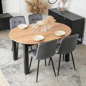Zestaw Stół Okrągły Rozkładany HARRY 102-142 cm Dąb Craft/Czarny i 4 Krzesła Tapicerowane PERU Szare Welurowe Nowoczesne