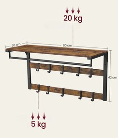 Wieszak ścienny z półką TAYLOR 80x30 cm, brązowy