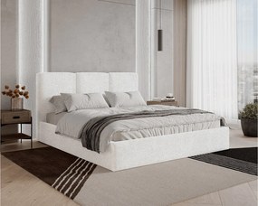 Łóżko tapicerowane 120x200 Mira boucle – łóżko z pojemnikiem na pościel i stelażem drewnianym, nowoczesne łóżko do sypialni, tkanina boucle – Biały