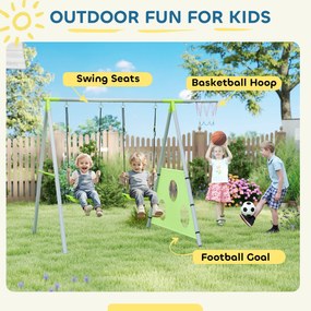AIYAPLAY Zestaw huśtawkowy dla dzieci, 2 siedziska huśtawkowe, 1 kosz do koszykówki, 1 bramka do piłki nożnej, stelaż metalowy, zielony