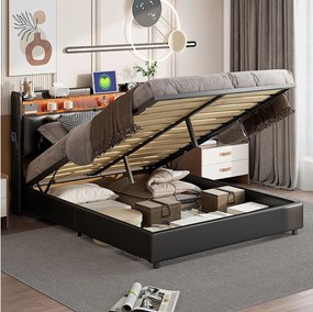 Łóżko tapicerowane 180x200 z USB i gniazdkami, LED, łóżko dwuosobowe z hydraulicznym schowkiem, skóra ekologiczna, kolor czarny