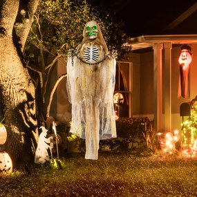 HOMCOM Dekoracja Halloween, Wiszący Szkielet, Świecąca Głowa, Przerażające Wycie, Giętkie Ramiona, Khaki