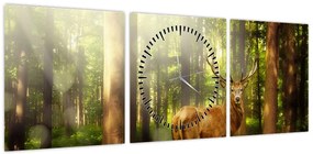 Obraz jelenia w lesie (z zegarem) (90x30 cm)