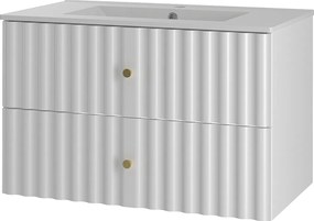 Biały Zestaw Łazienkowy 80cm Szafka z Umywalką Ryflowane Fronty Aqua