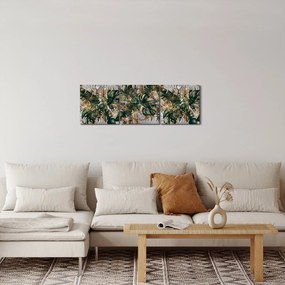 Obraz - Złoto - zielone tropikalne liście (z zegarem) (90x30 cm)