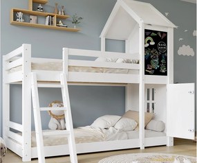 Łóżko piętrowe dziecięce 90x200cm - Z 1 drzwiczkami i tablicą kredową - Z drabinką - Drewno lite + MDF + PB + Sklejka - Biały (bez materaca)
