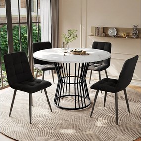 Zestaw okrągły stół + 4 krzesła welurowe - D 100 x W 75 cm - Nogi z płyty MDF i metalu - Czarny + biały