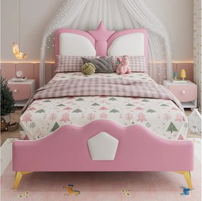 Łóżko tapicerowane dla dzieci 1-osobowe - 90 x 200 cm - zagłówek w kształcie korony - PU + żelazo + pianka - róż + biel