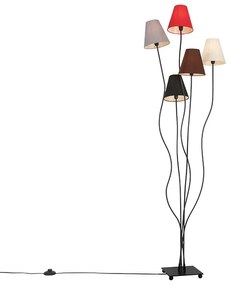 Designerska lampa podłogowa czarna z abażurami z tkaniny 5-światłowa - Melis