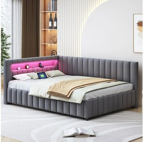 Sofa tapicerowana z funkcją spania - 140 x 200 cm - z diodami LED + USB + oparcie + zagłówek - tkanina aksamitna - ciemnoszara