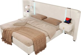 Łóżko tapicerowane ze schowkiem - 180 x 200 cm - z diodami LED + USB + TYPE-C + 2 szuflady - schowek hydrauliczny - aksamit - beż