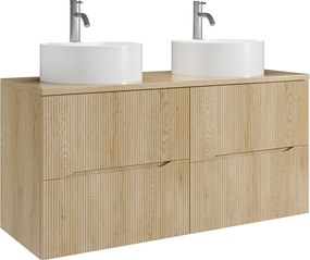 Szafka łazienkowa wisząca prążkowana z okrągłą umywalką nablatową i baterią – Jasny naturalny – 120 cm – ORISO